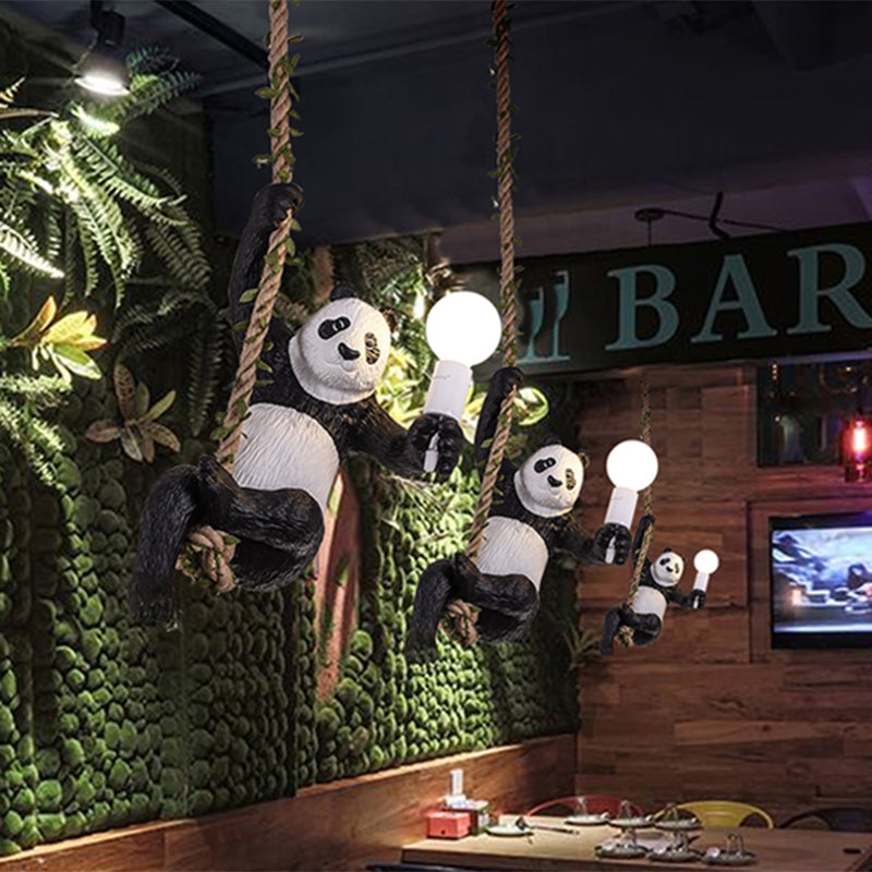 Panda Pendant Light Fixture Creative Resin 1 Bulb Hanging Lamp Kit with Rope Rod in Black and White Clearhalo 'Ceiling Lights' 'Pendant Lights' 'Pendants' Lighting' 966332