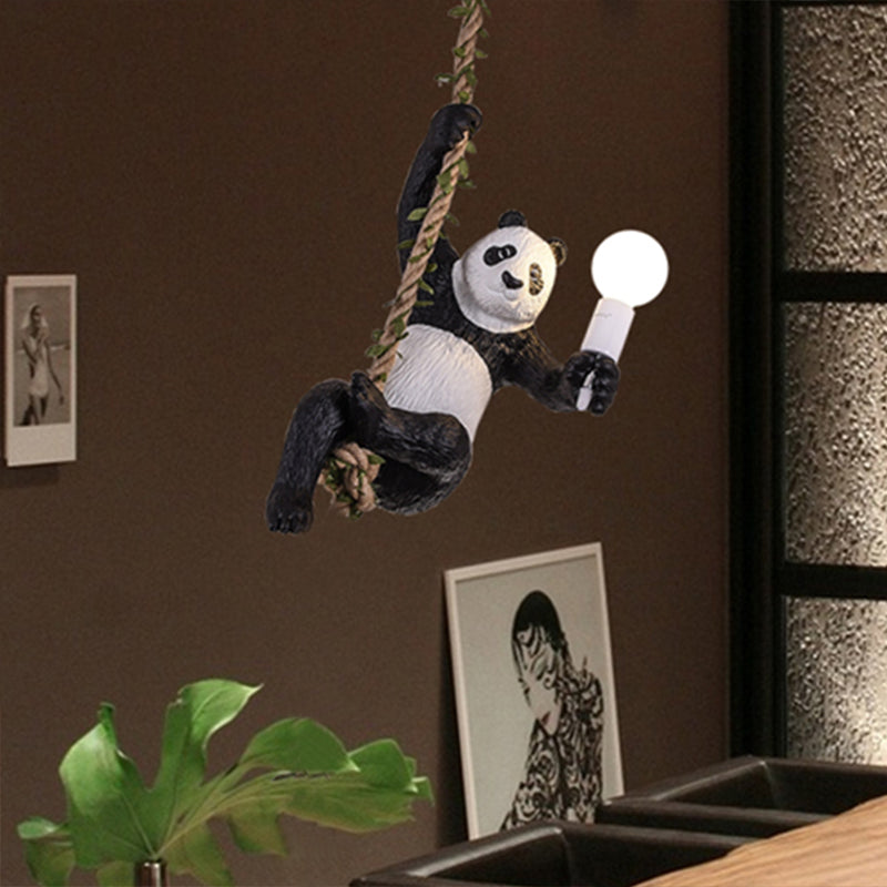 Panda Pendant Light Fixture Creative Resin 1 Bulb Hanging Lamp Kit with Rope Rod in Black and White Clearhalo 'Ceiling Lights' 'Pendant Lights' 'Pendants' Lighting' 966333