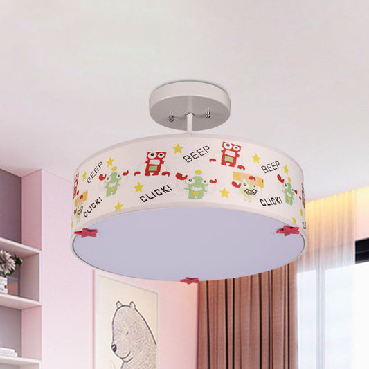 Drum Semi Mount Lighting Cartoon Fabric 3 Bulbs Flush Ceiling Light with Animal Pattern in White White Clearhalo 'Ceiling Lights' 'Close To Ceiling Lights' 'Close to ceiling' 'Semi-flushmount' Lighting' 966342