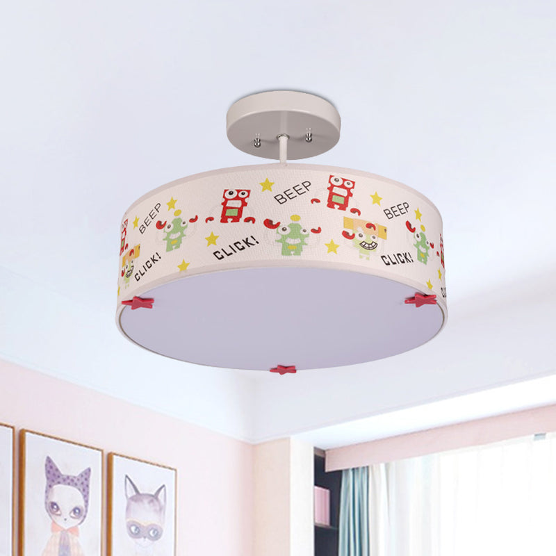 Drum Semi Mount Lighting Cartoon Fabric 3 Bulbs Flush Ceiling Light with Animal Pattern in White Clearhalo 'Ceiling Lights' 'Close To Ceiling Lights' 'Close to ceiling' 'Semi-flushmount' Lighting' 966343