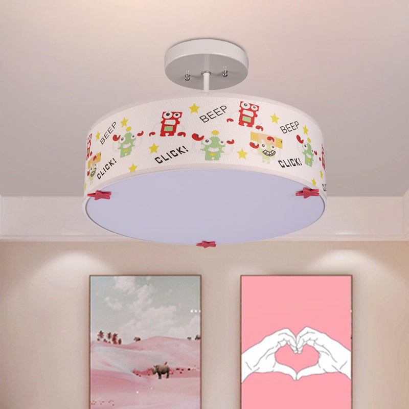 Drum Semi Mount Lighting Cartoon Fabric 3 Bulbs Flush Ceiling Light with Animal Pattern in White Clearhalo 'Ceiling Lights' 'Close To Ceiling Lights' 'Close to ceiling' 'Semi-flushmount' Lighting' 966344