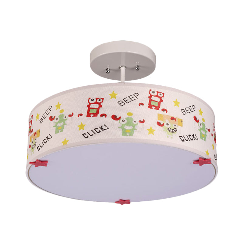 Drum Semi Mount Lighting Cartoon Fabric 3 Bulbs Flush Ceiling Light with Animal Pattern in White Clearhalo 'Ceiling Lights' 'Close To Ceiling Lights' 'Close to ceiling' 'Semi-flushmount' Lighting' 966345