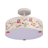 Drum Semi Mount Lighting Cartoon Fabric 3 Bulbs Flush Ceiling Light with Animal Pattern in White Clearhalo 'Ceiling Lights' 'Close To Ceiling Lights' 'Close to ceiling' 'Semi-flushmount' Lighting' 966345