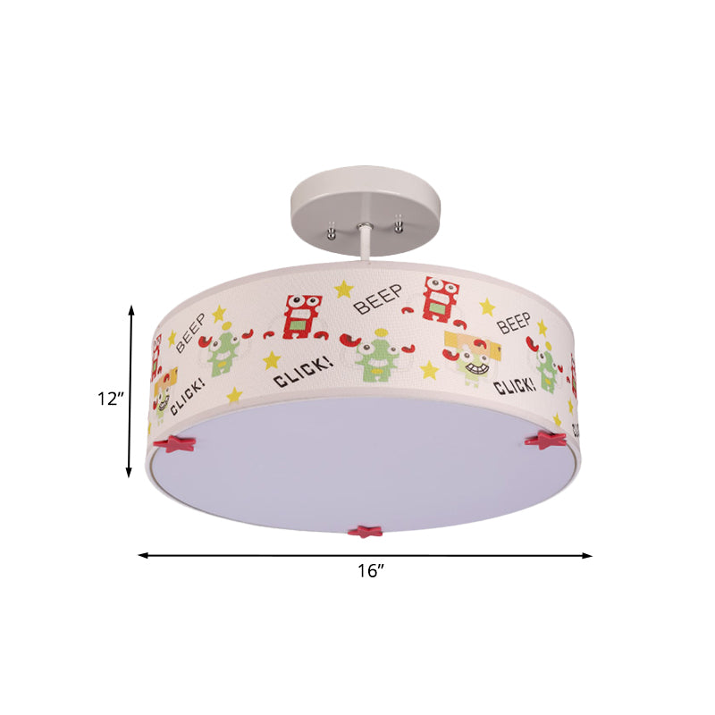 Drum Semi Mount Lighting Cartoon Fabric 3 Bulbs Flush Ceiling Light with Animal Pattern in White Clearhalo 'Ceiling Lights' 'Close To Ceiling Lights' 'Close to ceiling' 'Semi-flushmount' Lighting' 966346