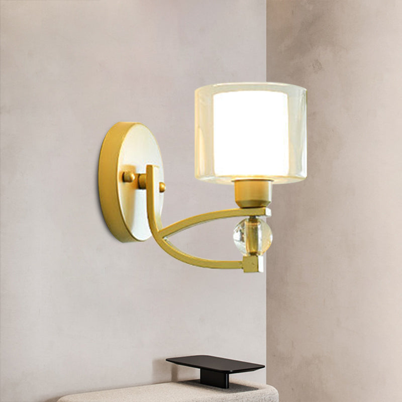 1 Light Indoor Wall Mounted Lamp Post Modern Gold Finish Wall Lighting with Dual Cylinder Clear and Opal Glass Shade Clearhalo 'Cast Iron' 'Glass' 'Industrial' 'Modern wall lights' 'Modern' 'Tiffany' 'Traditional wall lights' 'Wall Lamps & Sconces' 'Wall Lights' Lighting' 966367