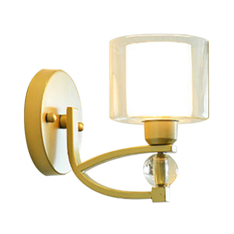 1 Light Indoor Wall Mounted Lamp Post Modern Gold Finish Wall Lighting with Dual Cylinder Clear and Opal Glass Shade Clearhalo 'Cast Iron' 'Glass' 'Industrial' 'Modern wall lights' 'Modern' 'Tiffany' 'Traditional wall lights' 'Wall Lamps & Sconces' 'Wall Lights' Lighting' 966368