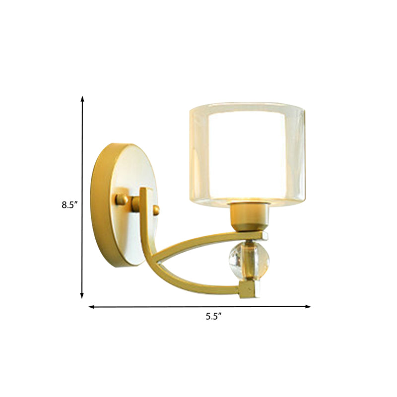 1 Light Indoor Wall Mounted Lamp Post Modern Gold Finish Wall Lighting with Dual Cylinder Clear and Opal Glass Shade Clearhalo 'Cast Iron' 'Glass' 'Industrial' 'Modern wall lights' 'Modern' 'Tiffany' 'Traditional wall lights' 'Wall Lamps & Sconces' 'Wall Lights' Lighting' 966369