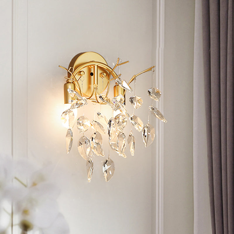 Leaf Shape Sconce Lighting Contemporary Beveled Crystal 2 Bulbs Gold Wall Lamp Fixture Gold Clearhalo 'Modern wall lights' 'Modern' 'Wall Lamps & Sconces' 'Wall Lights' Lighting' 966370