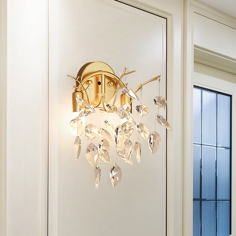 Leaf Shape Sconce Lighting Contemporary Beveled Crystal 2 Bulbs Gold Wall Lamp Fixture Clearhalo 'Modern wall lights' 'Modern' 'Wall Lamps & Sconces' 'Wall Lights' Lighting' 966371
