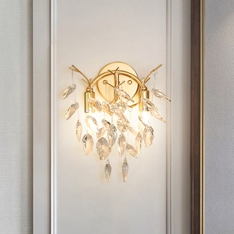 Leaf Shape Sconce Lighting Contemporary Beveled Crystal 2 Bulbs Gold Wall Lamp Fixture Clearhalo 'Modern wall lights' 'Modern' 'Wall Lamps & Sconces' 'Wall Lights' Lighting' 966372