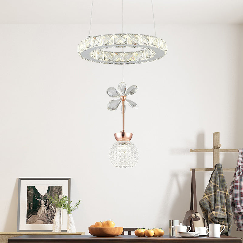 Flower and Dome Hanging Light Kit Modernist Clear Crystal Glass Dining Room LED Pendulum Lamp with Hoop Shelf Clear Clearhalo 'Ceiling Lights' 'Modern Pendants' 'Modern' 'Pendant Lights' 'Pendants' Lighting' 966375