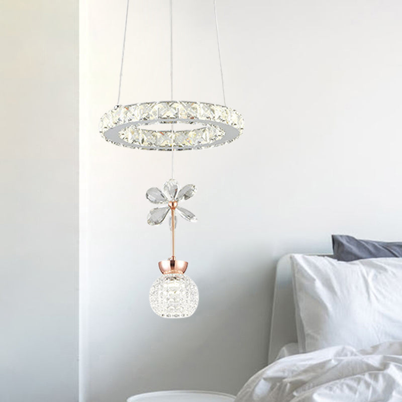 Flower and Dome Hanging Light Kit Modernist Clear Crystal Glass Dining Room LED Pendulum Lamp with Hoop Shelf Clearhalo 'Ceiling Lights' 'Modern Pendants' 'Modern' 'Pendant Lights' 'Pendants' Lighting' 966376