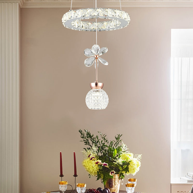 Flower and Dome Hanging Light Kit Modernist Clear Crystal Glass Dining Room LED Pendulum Lamp with Hoop Shelf Clearhalo 'Ceiling Lights' 'Modern Pendants' 'Modern' 'Pendant Lights' 'Pendants' Lighting' 966377