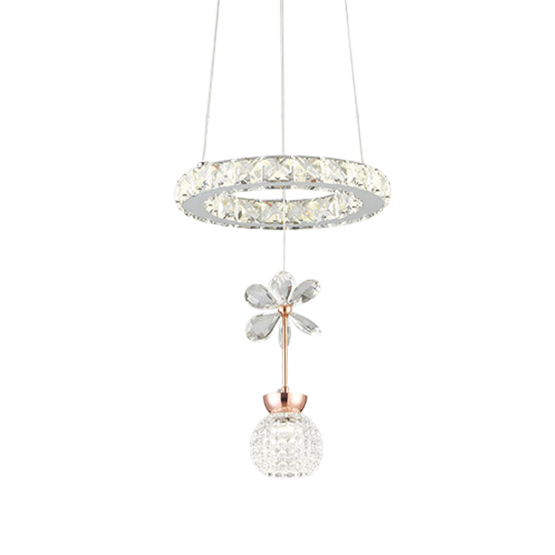 Flower and Dome Hanging Light Kit Modernist Clear Crystal Glass Dining Room LED Pendulum Lamp with Hoop Shelf Clearhalo 'Ceiling Lights' 'Modern Pendants' 'Modern' 'Pendant Lights' 'Pendants' Lighting' 966378