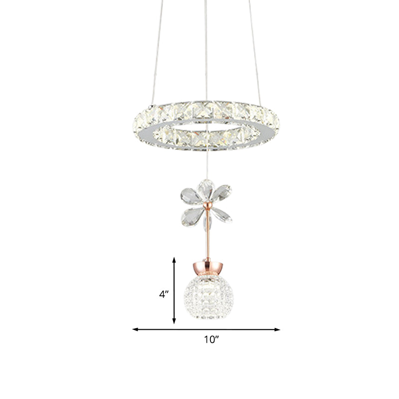 Flower and Dome Hanging Light Kit Modernist Clear Crystal Glass Dining Room LED Pendulum Lamp with Hoop Shelf Clearhalo 'Ceiling Lights' 'Modern Pendants' 'Modern' 'Pendant Lights' 'Pendants' Lighting' 966379