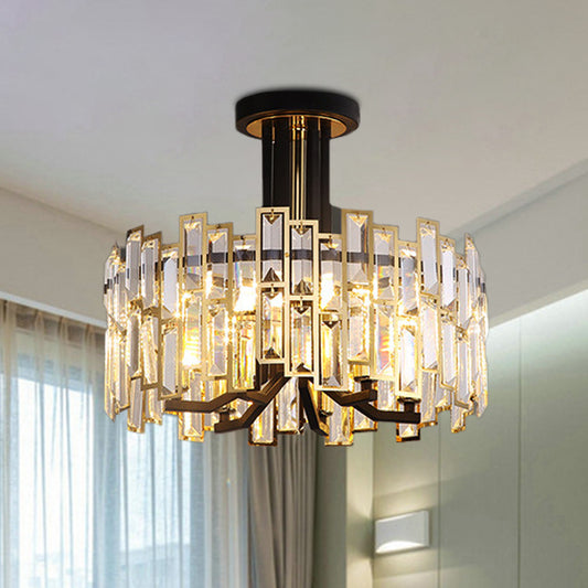 Round Faceted Crystal Semi Mount Lighting Contemporary 6-Bulb Black Finish Close to Ceiling Lamp Clearhalo 'Ceiling Lights' 'Close To Ceiling Lights' 'Close to ceiling' 'Semi-flushmount' Lighting' 966401