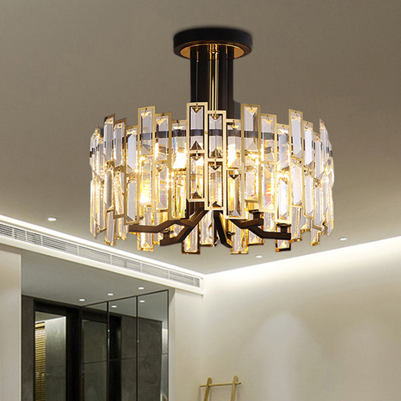 Round Faceted Crystal Semi Mount Lighting Contemporary 6-Bulb Black Finish Close to Ceiling Lamp Clearhalo 'Ceiling Lights' 'Close To Ceiling Lights' 'Close to ceiling' 'Semi-flushmount' Lighting' 966402