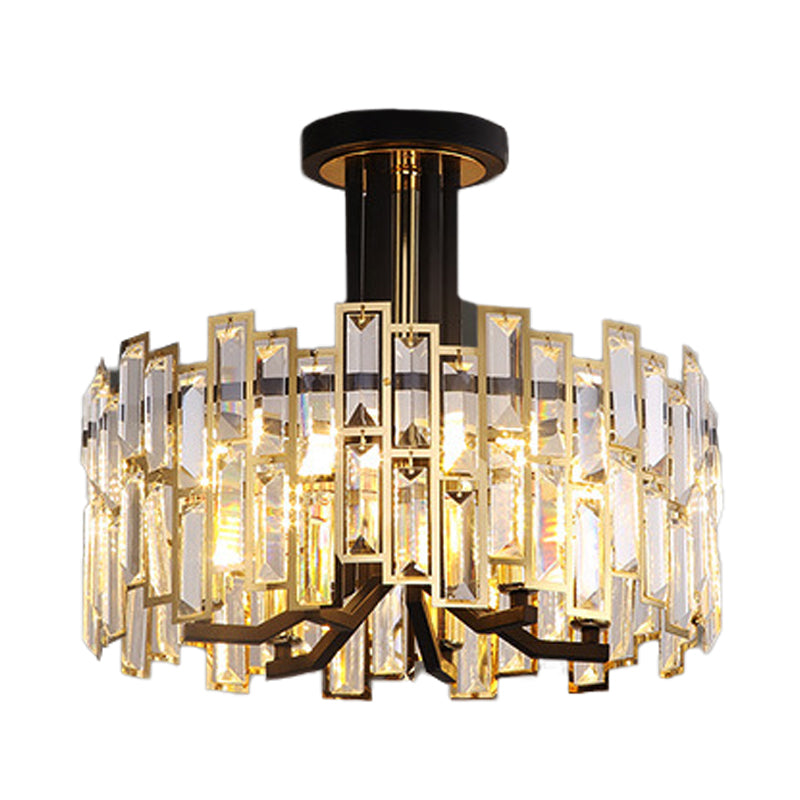 Round Faceted Crystal Semi Mount Lighting Contemporary 6-Bulb Black Finish Close to Ceiling Lamp Clearhalo 'Ceiling Lights' 'Close To Ceiling Lights' 'Close to ceiling' 'Semi-flushmount' Lighting' 966403