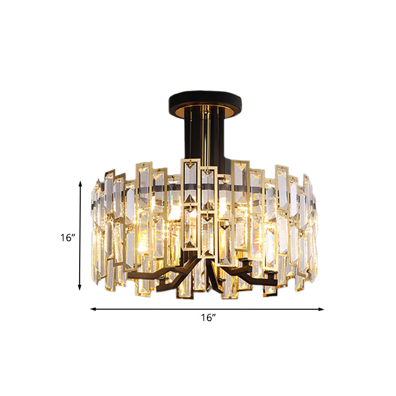 Round Faceted Crystal Semi Mount Lighting Contemporary 6-Bulb Black Finish Close to Ceiling Lamp Clearhalo 'Ceiling Lights' 'Close To Ceiling Lights' 'Close to ceiling' 'Semi-flushmount' Lighting' 966404