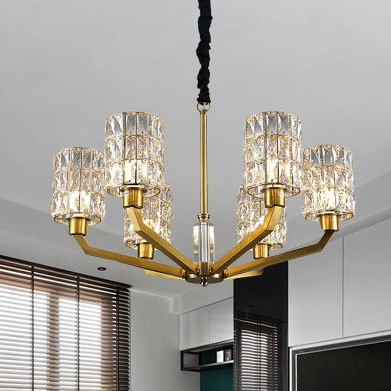 6 Heads Bedroom Pendant Chandelier Modernism Gold Hanging Light Fixture with Cylinder Crystal Shade Gold Clearhalo 'Ceiling Lights' 'Chandeliers' 'Modern Chandeliers' 'Modern' Lighting' 966405