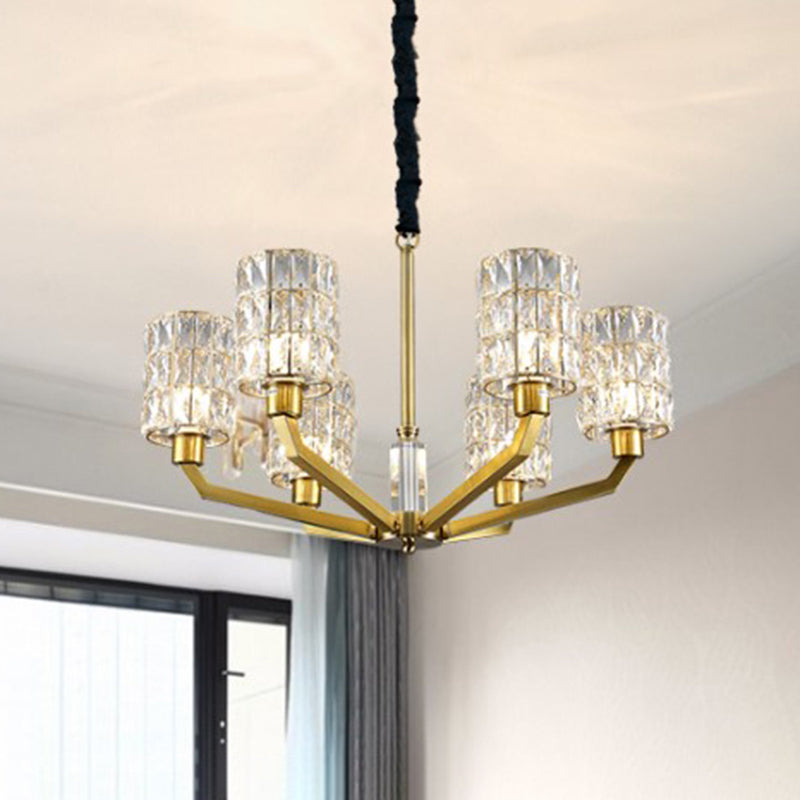 6 Heads Bedroom Pendant Chandelier Modernism Gold Hanging Light Fixture with Cylinder Crystal Shade Clearhalo 'Ceiling Lights' 'Chandeliers' 'Modern Chandeliers' 'Modern' Lighting' 966406