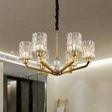 6 Heads Bedroom Pendant Chandelier Modernism Gold Hanging Light Fixture with Cylinder Crystal Shade Clearhalo 'Ceiling Lights' 'Chandeliers' 'Modern Chandeliers' 'Modern' Lighting' 966407