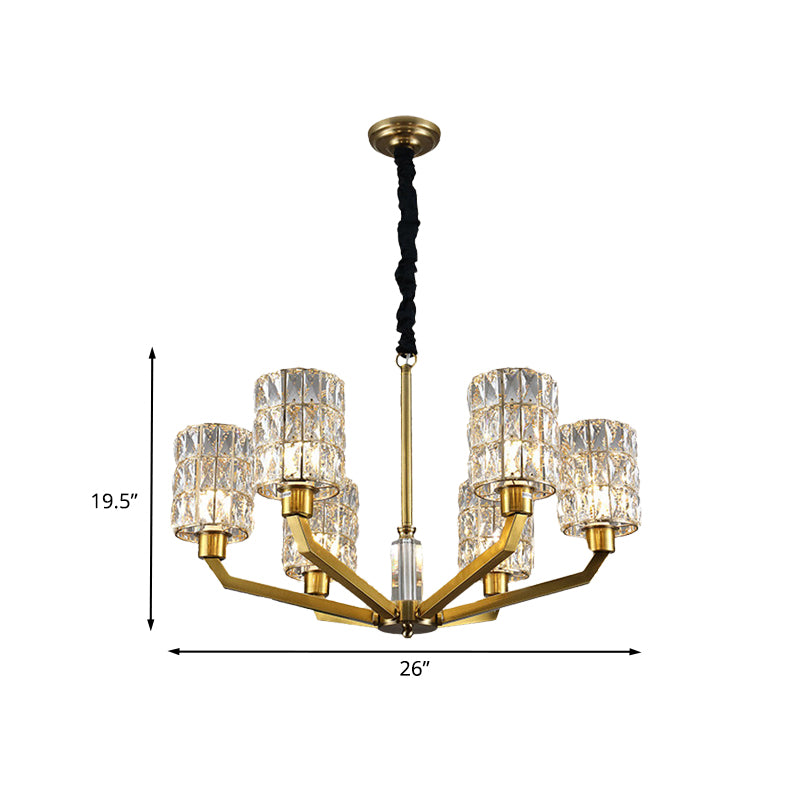 6 Heads Bedroom Pendant Chandelier Modernism Gold Hanging Light Fixture with Cylinder Crystal Shade Clearhalo 'Ceiling Lights' 'Chandeliers' 'Modern Chandeliers' 'Modern' Lighting' 966409