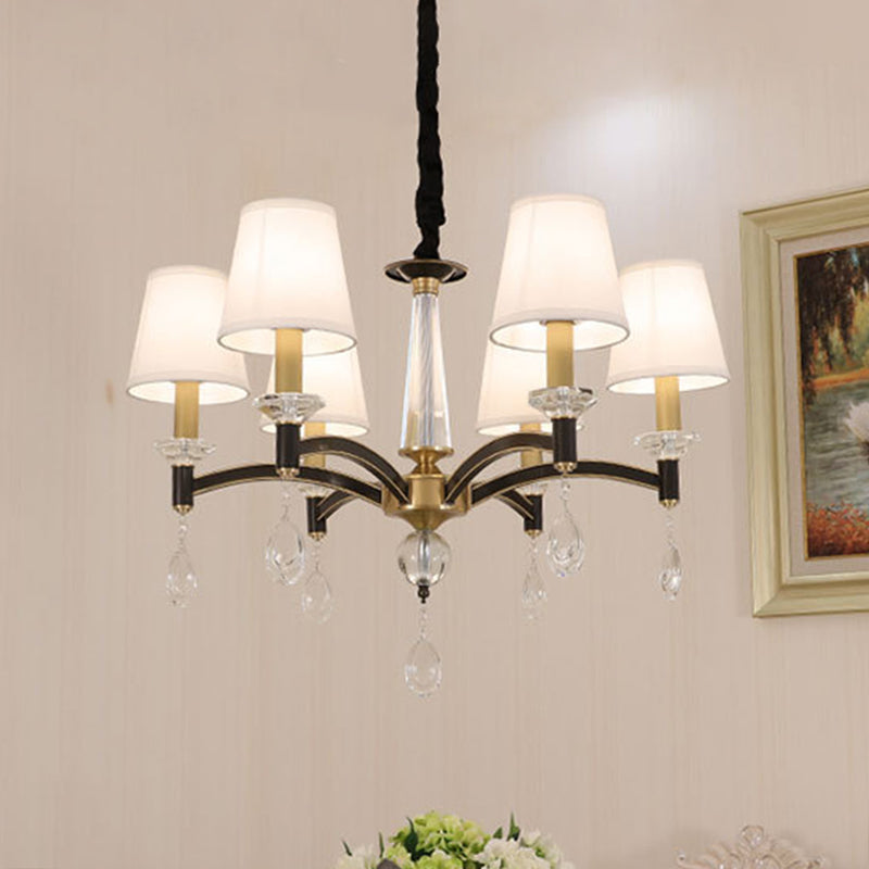 Conical Fabric Hanging Chandelier Vintage 6-Bulb Dining Room Pendant Light Fixture in White with Crystal Accent White Clearhalo 'Ceiling Lights' 'Chandeliers' Lighting' options 966415_6e029d4a-4427-4930-b139-21807e57f2b1