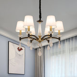 Conical Fabric Hanging Chandelier Vintage 6-Bulb Dining Room Pendant Light Fixture in White with Crystal Accent Clearhalo 'Ceiling Lights' 'Chandeliers' Lighting' options 966417