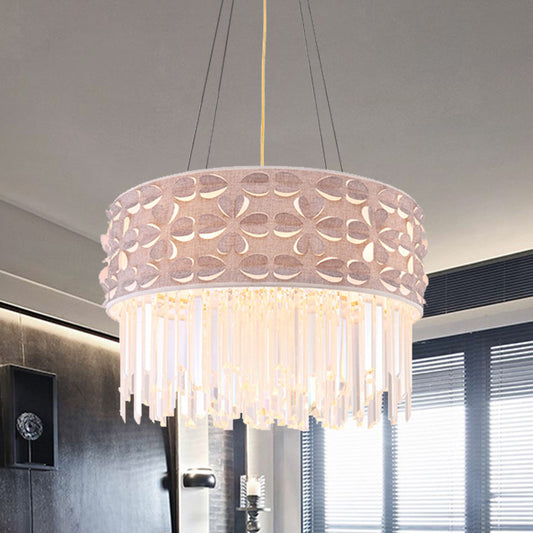 Minimal Drum Chandelier Light Flute Crystal 4 Heads Dining Room Pendant Lamp in White White Clearhalo 'Ceiling Lights' 'Chandeliers' 'Modern Chandeliers' 'Modern' Lighting' 966420