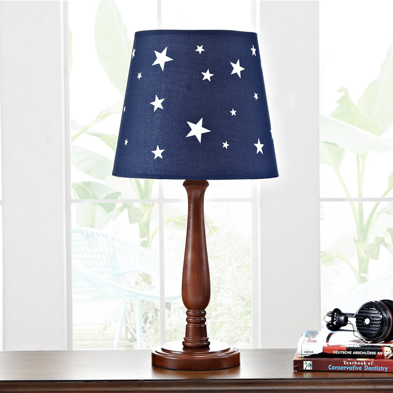 Blue Barrel Shade Night Table Lamp with Star Pattern Modern Single Head Wood Reading Light Dark Blue Clearhalo 'Lamps' 'Table Lamps' Lighting' 966435