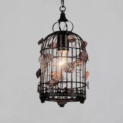 Metal Dark Rust Suspension Light Birdcage Shade 1 Light Antique Style Pendant Light with Leaf Decoration Clearhalo 'Ceiling Lights' 'Pendant Lights' 'Pendants' Lighting' 96803