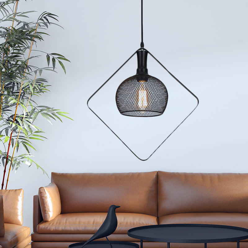 Mesh Domed Metal Pendant Light Vintage Style 1 Bulb Living Room Ceiling Light Fixture with Square Deco in Black Clearhalo 'Ceiling Lights' 'Pendant Lights' 'Pendants' Lighting' 96818