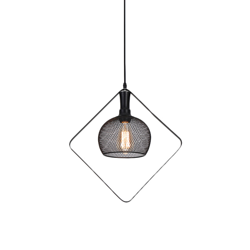 Mesh Domed Metal Pendant Light Vintage Style 1 Bulb Living Room Ceiling Light Fixture with Square Deco in Black Clearhalo 'Ceiling Lights' 'Pendant Lights' 'Pendants' Lighting' 96820