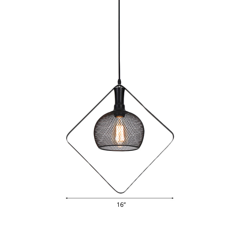 Mesh Domed Metal Pendant Light Vintage Style 1 Bulb Living Room Ceiling Light Fixture with Square Deco in Black Clearhalo 'Ceiling Lights' 'Pendant Lights' 'Pendants' Lighting' 96821