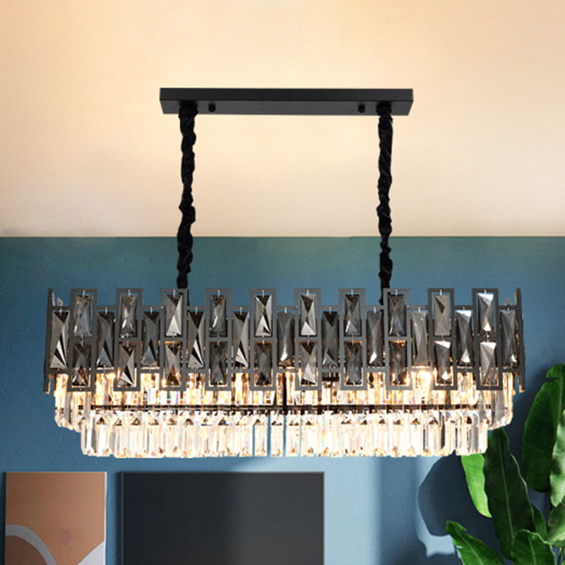 Black 8 Bulbs Island Lighting Modern Smoke Faceted Crystal Prism Layered Rectangle Pendant Lamp Black Clearhalo 'Ceiling Lights' 'Island Lights' Lighting' 968325