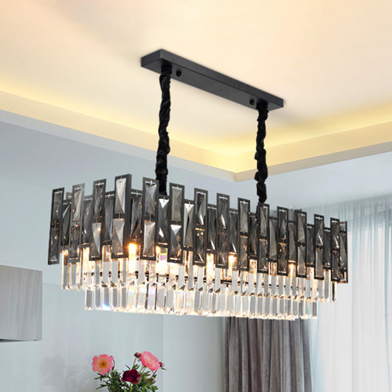 Black 8 Bulbs Island Lighting Modern Smoke Faceted Crystal Prism Layered Rectangle Pendant Lamp Clearhalo 'Ceiling Lights' 'Island Lights' Lighting' 968326