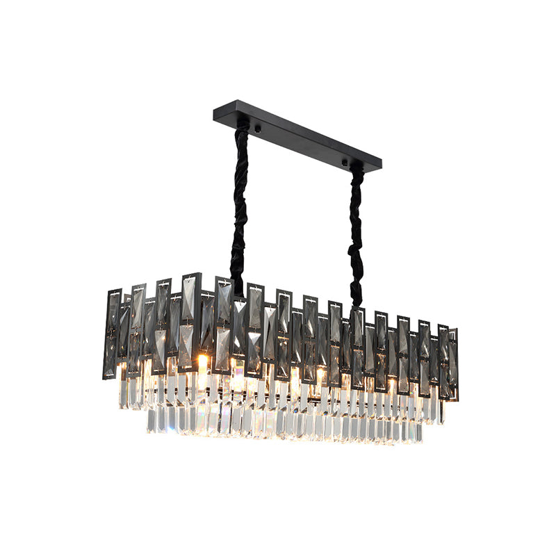 Black 8 Bulbs Island Lighting Modern Smoke Faceted Crystal Prism Layered Rectangle Pendant Lamp Clearhalo 'Ceiling Lights' 'Island Lights' Lighting' 968327