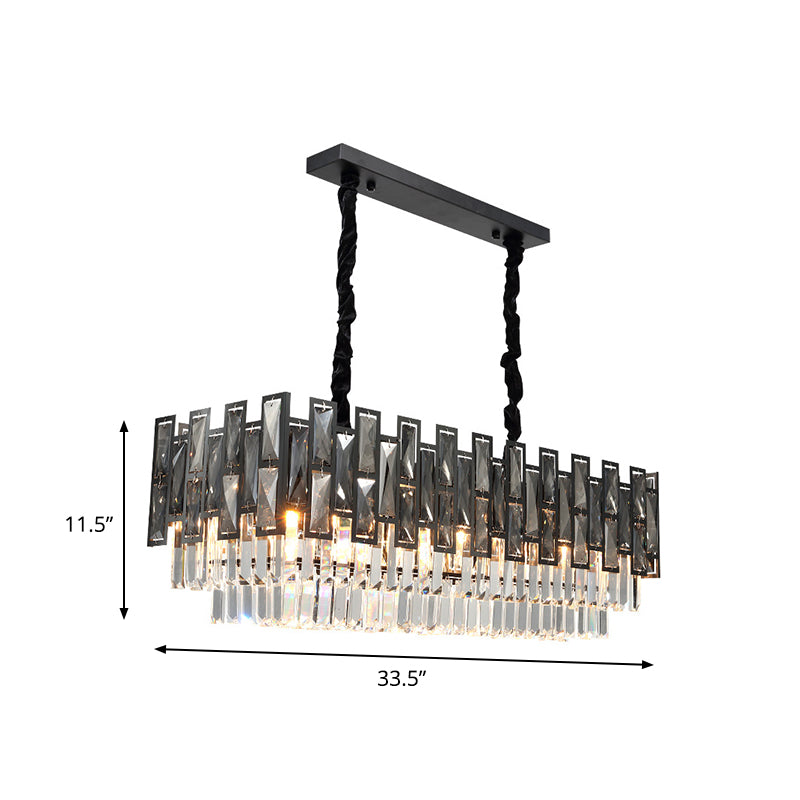 Black 8 Bulbs Island Lighting Modern Smoke Faceted Crystal Prism Layered Rectangle Pendant Lamp Clearhalo 'Ceiling Lights' 'Island Lights' Lighting' 968328