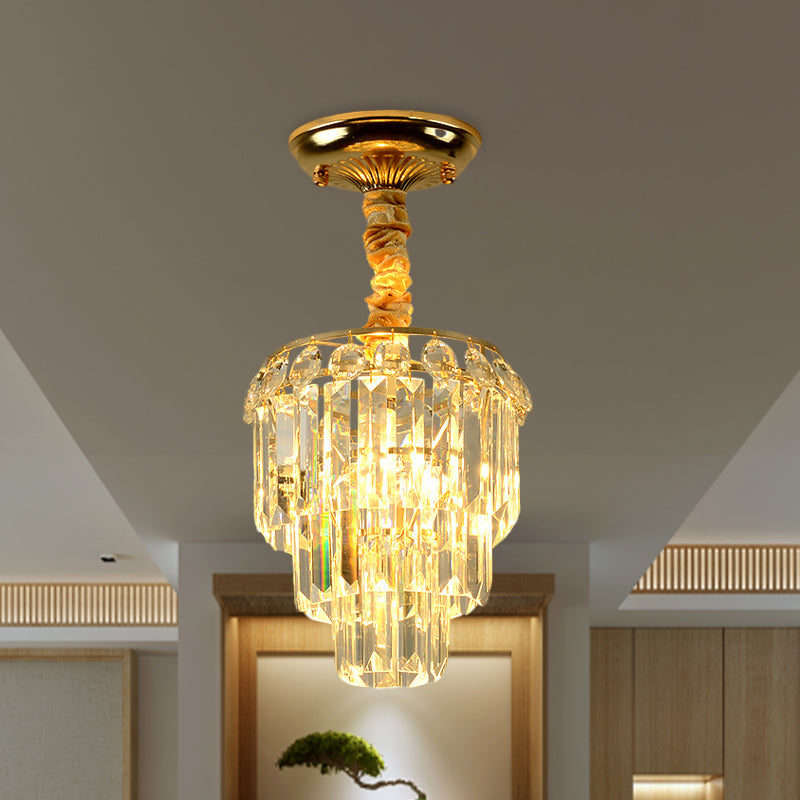 3-Layer Tapered Foyer Flush Mount Light Modernism Crystal Single Gold Semi Mount Lighting Gold Clearhalo 'Ceiling Lights' 'Close To Ceiling Lights' 'Close to ceiling' 'Semi-flushmount' Lighting' 968340