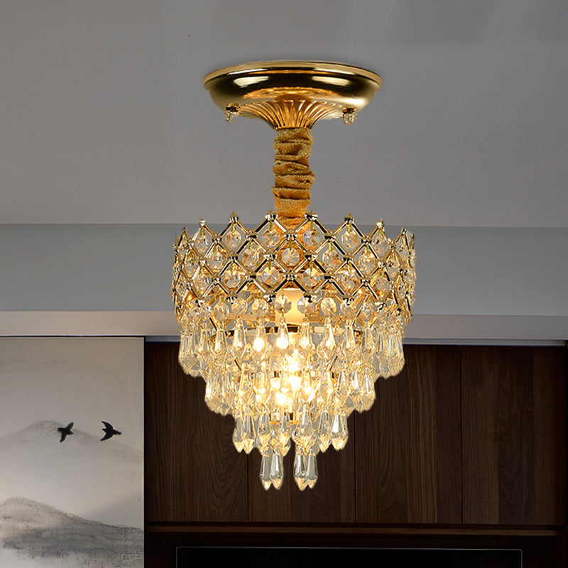 4 Tiers Crystal Droplet Ceiling Lamp Traditional 1-Light Sitting Room Semi Flush Mount Lighting with Gold Crown Top Gold Clearhalo 'Ceiling Lights' 'Close To Ceiling Lights' 'Close to ceiling' 'Semi-flushmount' Lighting' 968344