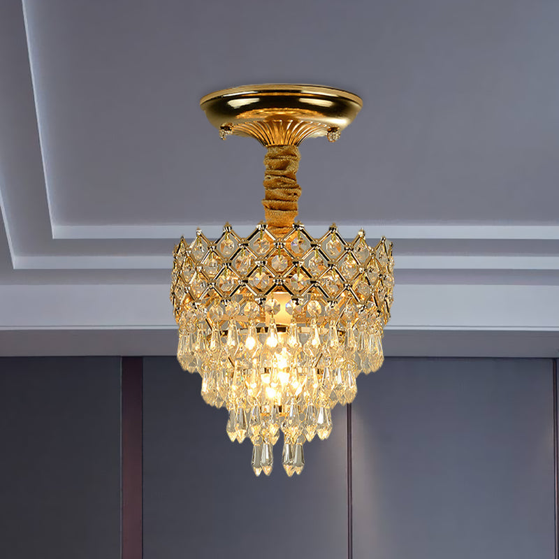 4 Tiers Crystal Droplet Ceiling Lamp Traditional 1-Light Sitting Room Semi Flush Mount Lighting with Gold Crown Top Clearhalo 'Ceiling Lights' 'Close To Ceiling Lights' 'Close to ceiling' 'Semi-flushmount' Lighting' 968345