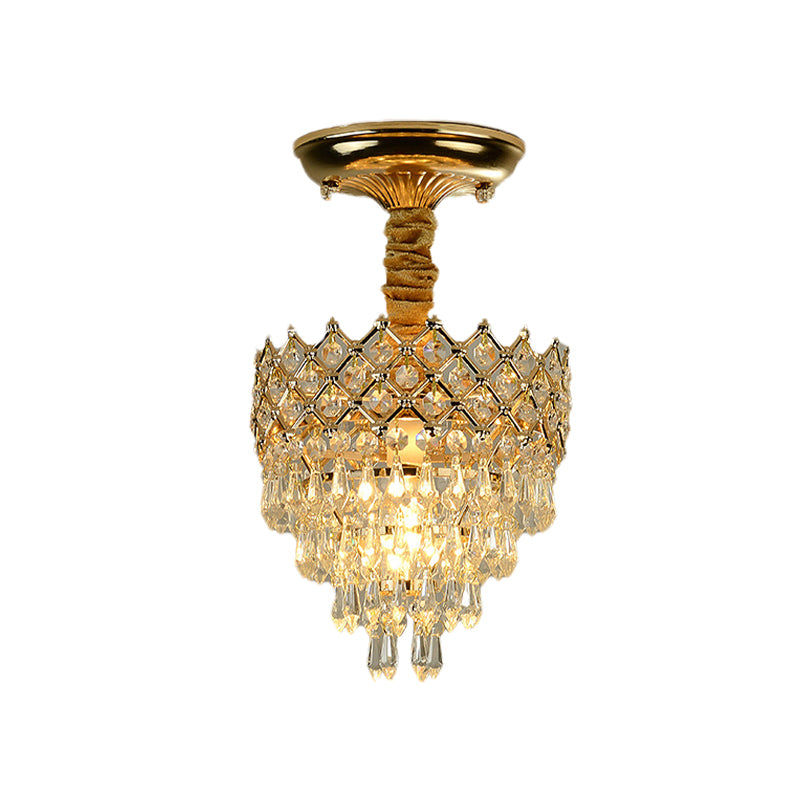 4 Tiers Crystal Droplet Ceiling Lamp Traditional 1-Light Sitting Room Semi Flush Mount Lighting with Gold Crown Top Clearhalo 'Ceiling Lights' 'Close To Ceiling Lights' 'Close to ceiling' 'Semi-flushmount' Lighting' 968346