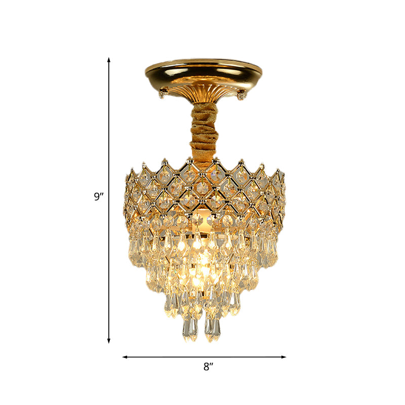 4 Tiers Crystal Droplet Ceiling Lamp Traditional 1-Light Sitting Room Semi Flush Mount Lighting with Gold Crown Top Clearhalo 'Ceiling Lights' 'Close To Ceiling Lights' 'Close to ceiling' 'Semi-flushmount' Lighting' 968347