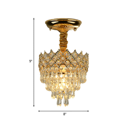 4 Tiers Crystal Droplet Ceiling Lamp Traditional 1-Light Sitting Room Semi Flush Mount Lighting with Gold Crown Top Clearhalo 'Ceiling Lights' 'Close To Ceiling Lights' 'Close to ceiling' 'Semi-flushmount' Lighting' 968347