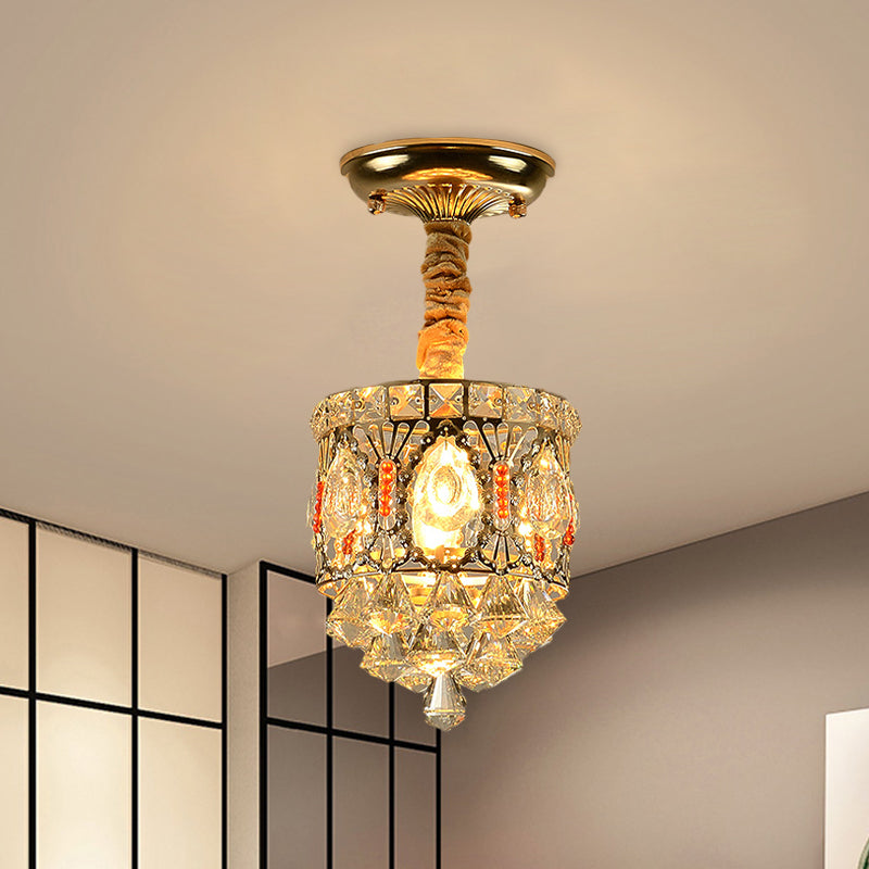 Crystal Encrusted Cylinder Ceiling Light Antique Style 1 Head Hallway Semi Flush Mount in Gold with Diamond Drops Gold Clearhalo 'Ceiling Lights' 'Close To Ceiling Lights' 'Close to ceiling' 'Semi-flushmount' Lighting' 968352