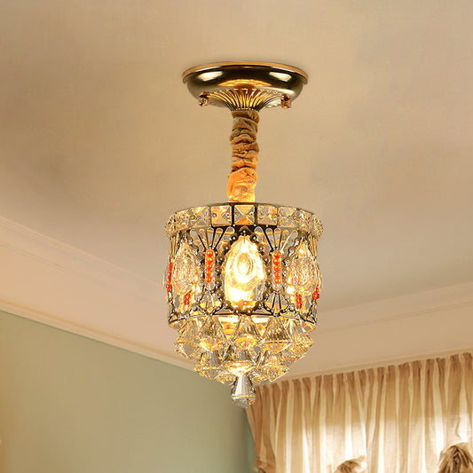 Crystal Encrusted Cylinder Ceiling Light Antique Style 1 Head Hallway Semi Flush Mount in Gold with Diamond Drops Clearhalo 'Ceiling Lights' 'Close To Ceiling Lights' 'Close to ceiling' 'Semi-flushmount' Lighting' 968353