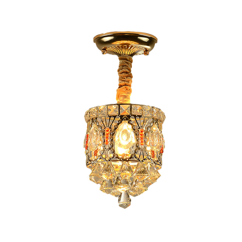 Crystal Encrusted Cylinder Ceiling Light Antique Style 1 Head Hallway Semi Flush Mount in Gold with Diamond Drops Clearhalo 'Ceiling Lights' 'Close To Ceiling Lights' 'Close to ceiling' 'Semi-flushmount' Lighting' 968354