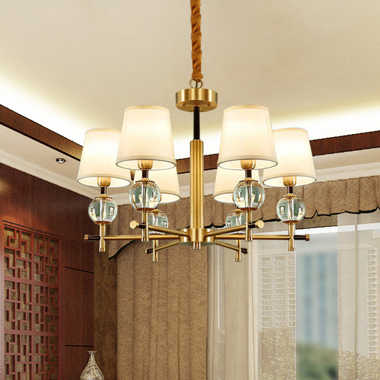 Conic Bedroom Chandelier Lamp Fabric 6 Heads Contemporary Ceiling Pendant in Brass with Crystal Accent Clearhalo 'Ceiling Lights' 'Chandeliers' 'Modern Chandeliers' 'Modern' Lighting' 968373