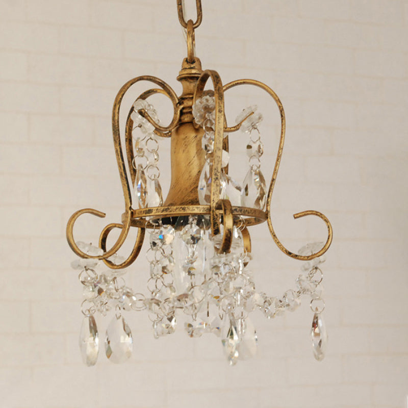 Traditional Scrolled Frame Suspension Light 1 Head Metallic Hanging Lamp Kit in Antique Brass with Crystal Droplet Clearhalo 'Ceiling Lights' 'Pendant Lights' 'Pendants' Lighting' 968413